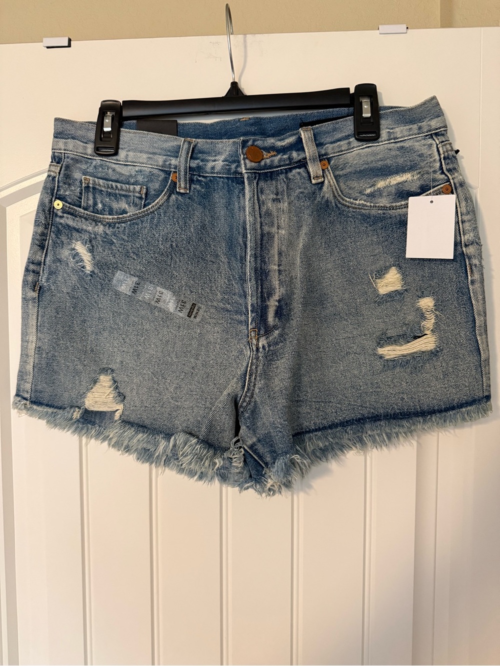 High-Waist Distressed Denim Shorts in Light Blue - NWT